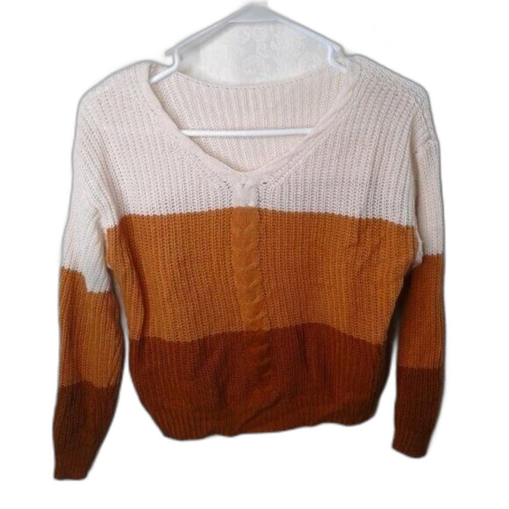Tween Girls Colorblock Drop Shoulder Cable V-Neck Knit Sweater Size 11-12Y Earth